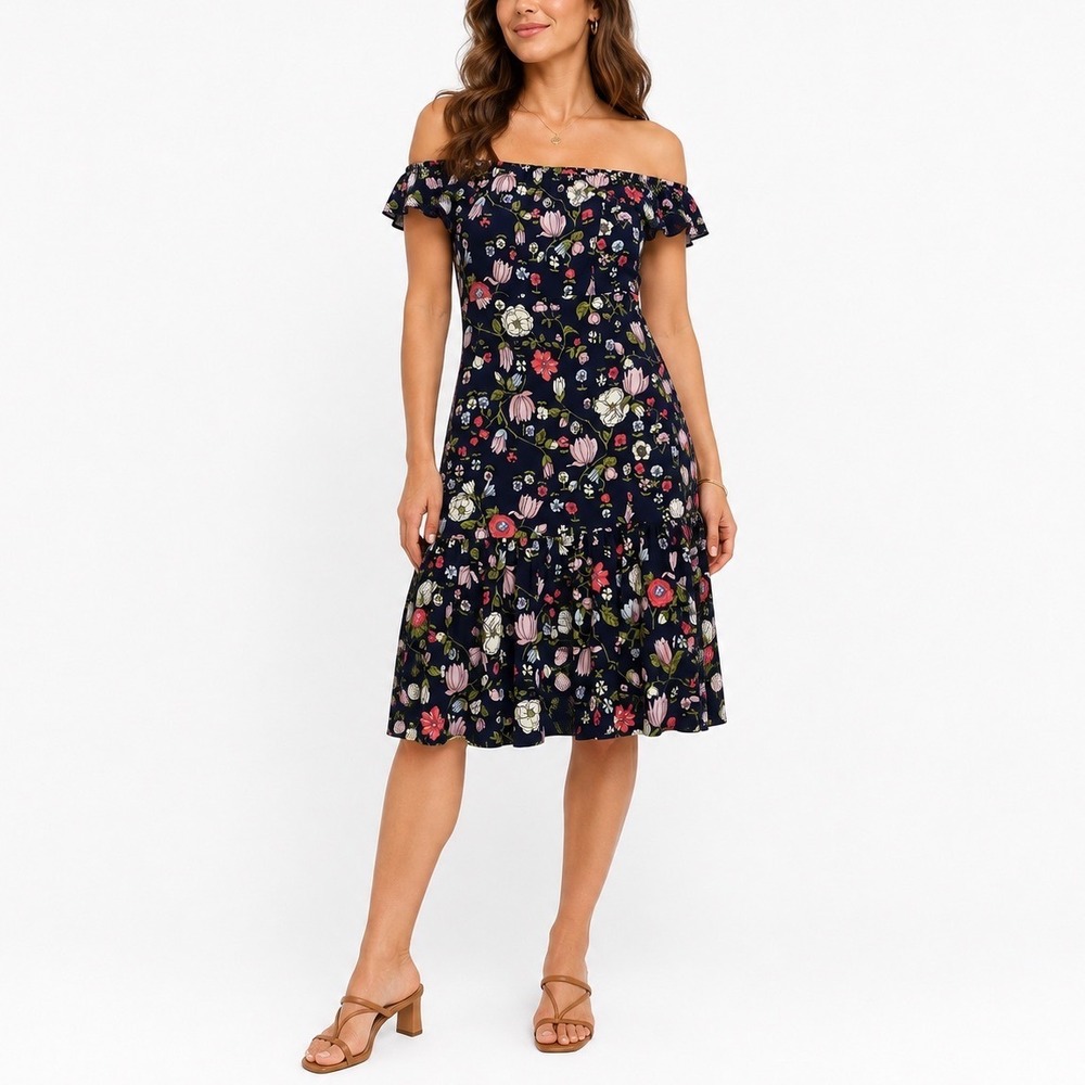 Rebecca Taylor Navy Floral Silk Off Shoulder Midi Dress Size 10 Elegant Designer